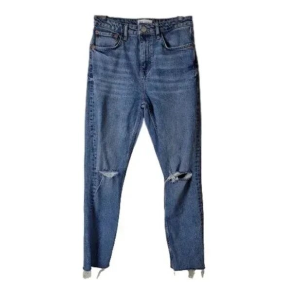 Zara Distressed Straight Raw Frayed Hem Jeans - Picture 1 of 8